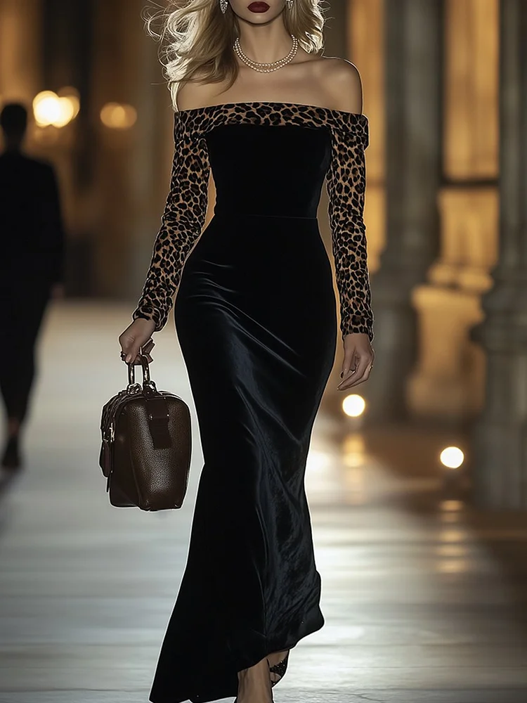 【24-hour shipping out】【24-hour shipping】Retro Elegant High-End One-Shoulder Leopard Print Velvet Dress