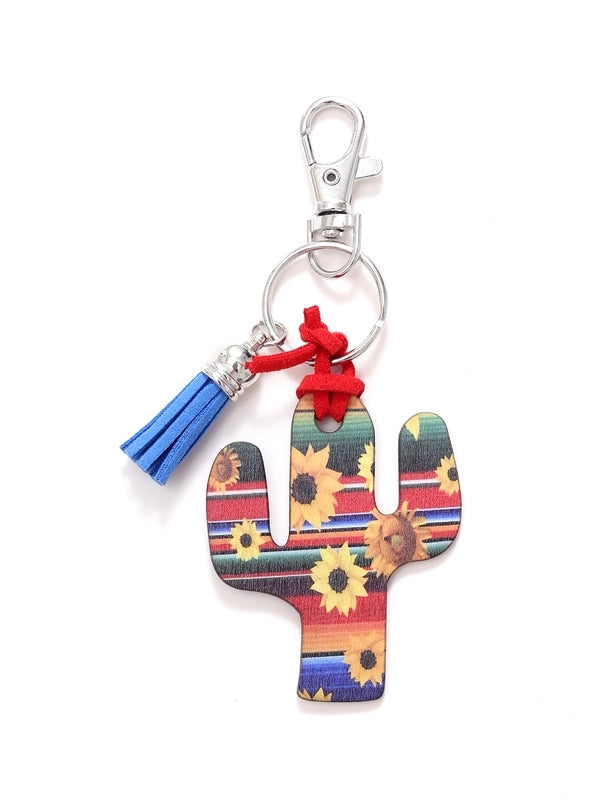 Classic Style Commute Cactus Printing Wood Bag Pendant Keychain