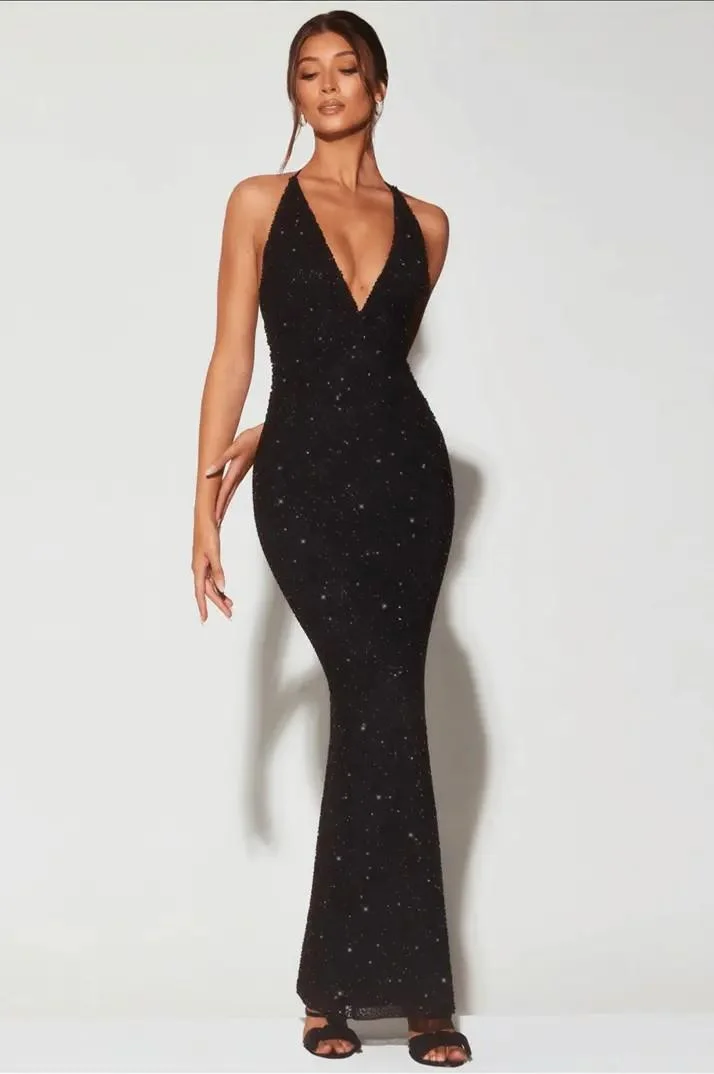 Miabel Sexy Black Sequins V Neck Halter Sleeveless Deep Slim Long Prom Dress