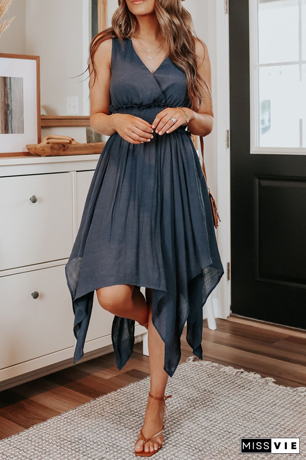 Casual Solid Split Joint V Neck Irregular Dress Dresses