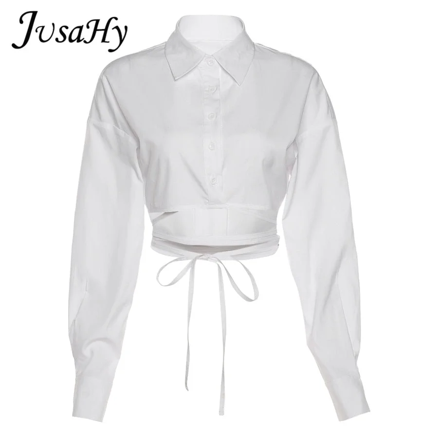 JuSaHy Y2K Bandage Shirt for Women Autumn Harajuku Style Long Sleeves Tops Office Lady Clothing Solid Casual Wild Streetwear