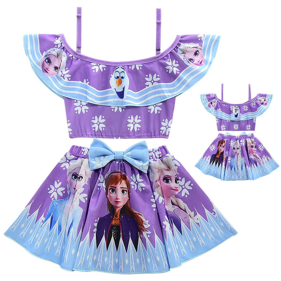 Frozen Girls Off Shoulder Swimsuits Toddler Two Piece Bikini Set Ruffle Print Swimwear for girl-Pajamasbuy