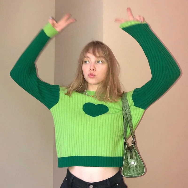 Kawaii Cartoon Female Sweater Contrast Spliced Pullover Mock Neck Crop Tops Korean Fashion Streetwear Sweet Outfit Cuteandpsycho