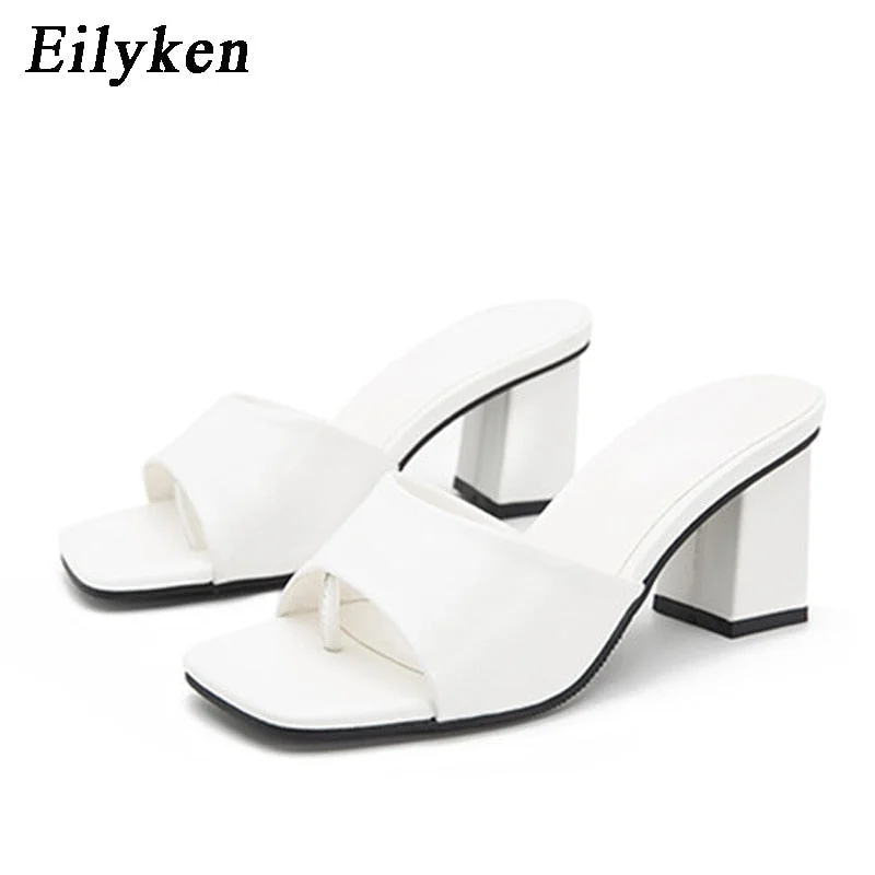 Eilyken 2022 New Women Slipper Summer Outdoor Sandal Square High Heel Slip On Flip Flop Elegant Women Slides Sandal size 41 42