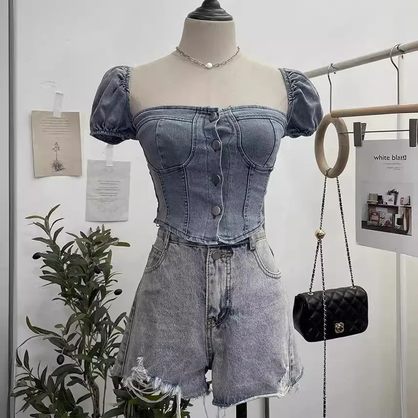 Uveng Real Shot Shoulder Bubble Short Sleeves Denim Shirt Design Hot Girl Collar Small Short Top 2530