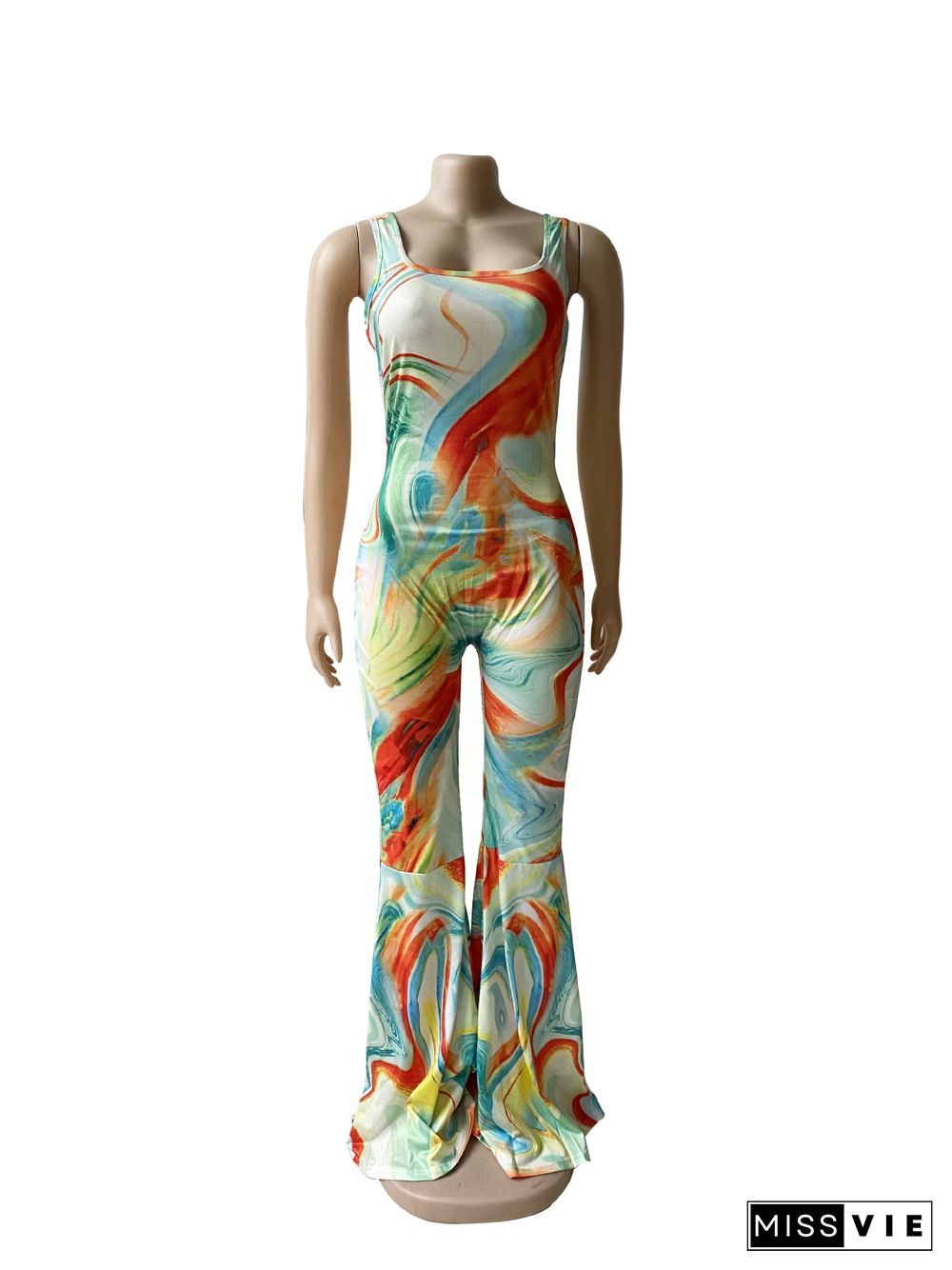 Summer Womens Clothing Casual Tie Dye Print Sleeveless Low Neck Backless Streetwear Bodycon Flare Jumpsuit