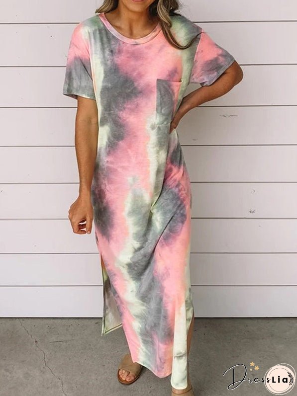 Dresses Tie-Dye Print Crew Neck Pocket Slit Dress for Women