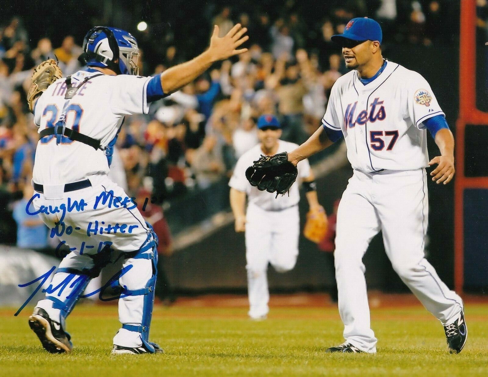 JOSH THOLE NEW YORK METS 'CAUGHT METS 1ST NO-HITTER 6-1-12' ACTION SIGNED 8x10