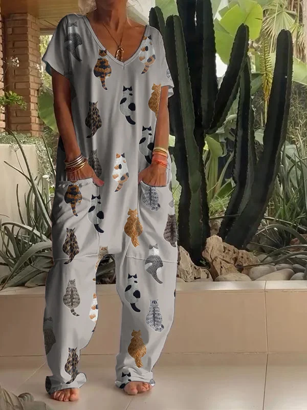 Casual Cute Cat Print V Neck Jumpsuit