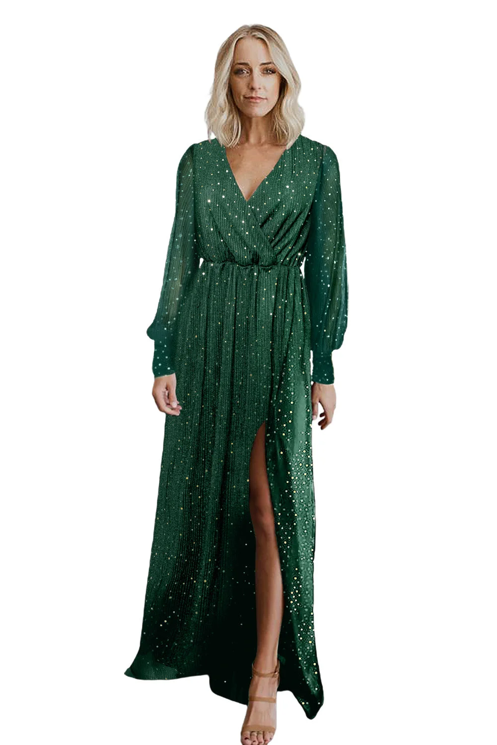 Women Green Side Split Rhinestone V Neck Maxi Dress