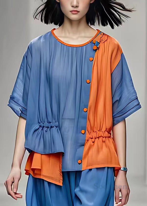 VCSHOES Blue O Neck Asymmetrical Cotton Tops Half Sleeve