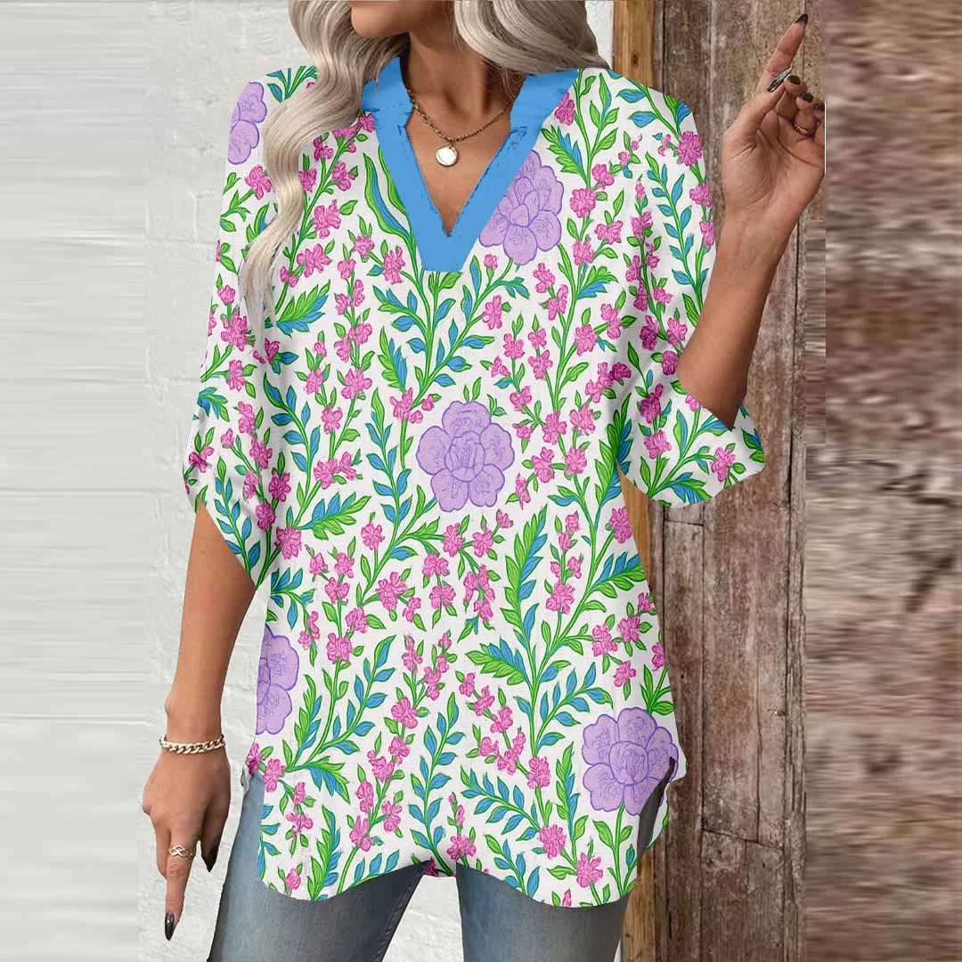 Women Floral, Green, Orange DZGA0195 3/4 Sleeve V-neck Printed Graphic Button Tops