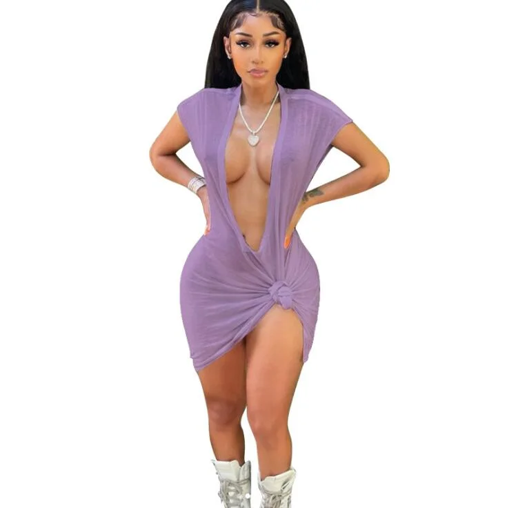 CM.YAYA Women Dress Solid Short Sleeve Deep V-neck Sheath Elastic Dresses Sexy Night Club Fashion Casual Outfit Summer 2021