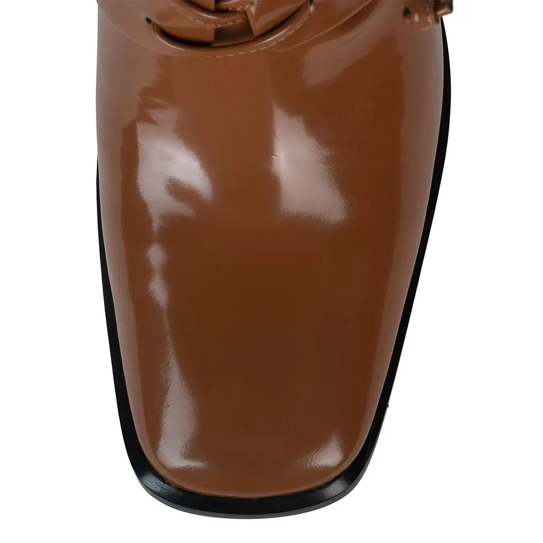 Classic Brown Patent Leather Lace-Up Women's Oxfords with Square Toe