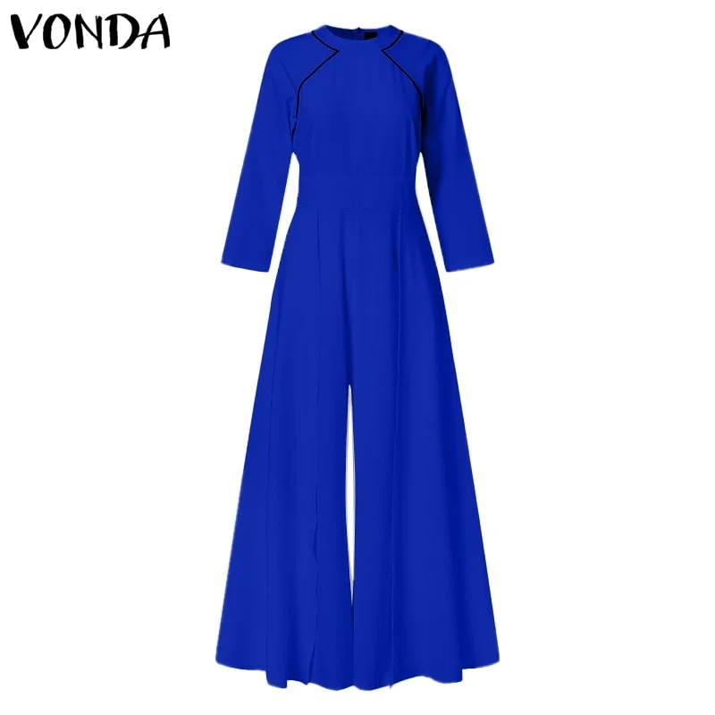 Elegant Party Jumpsuits Women Trousers 2022 VONDA Vintage Wide Leg Long Palazzo Pants Sexy Long Sleeve Playsuits Pantalon Femme