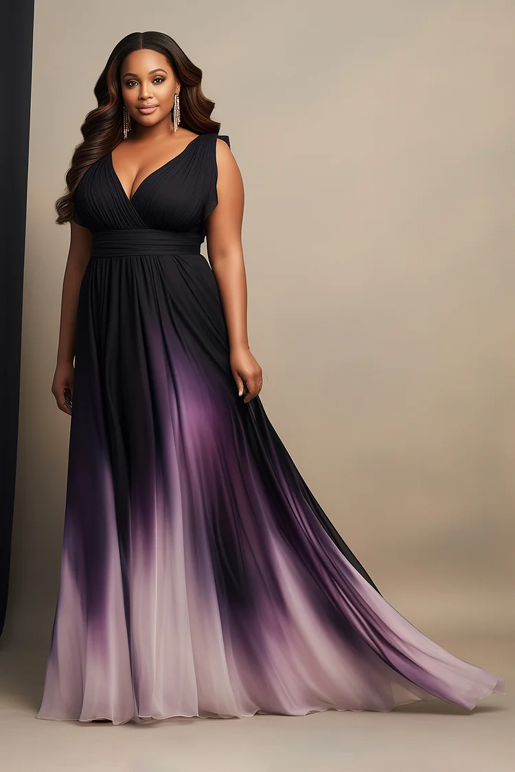 Xpluswear Design Plus Size Formal Purple Gradient Wrap Neck Sundress Maxi Dresses