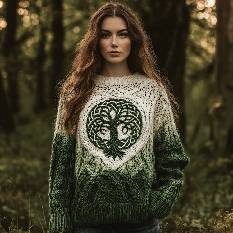Women's Celtic Tree Of Life Jacquard Ombre Crew Neck Sweater