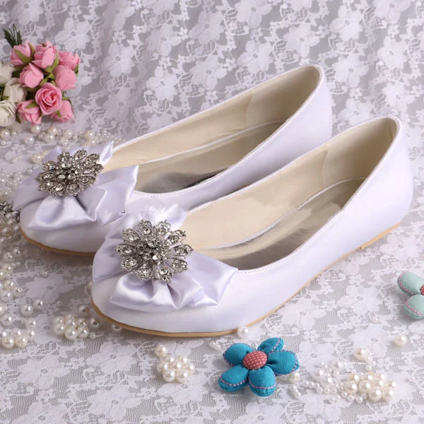White Wedding Flats Round Toe Satin Rhinestone Bow Shoes for Bridesmaid |FSJ Shoes