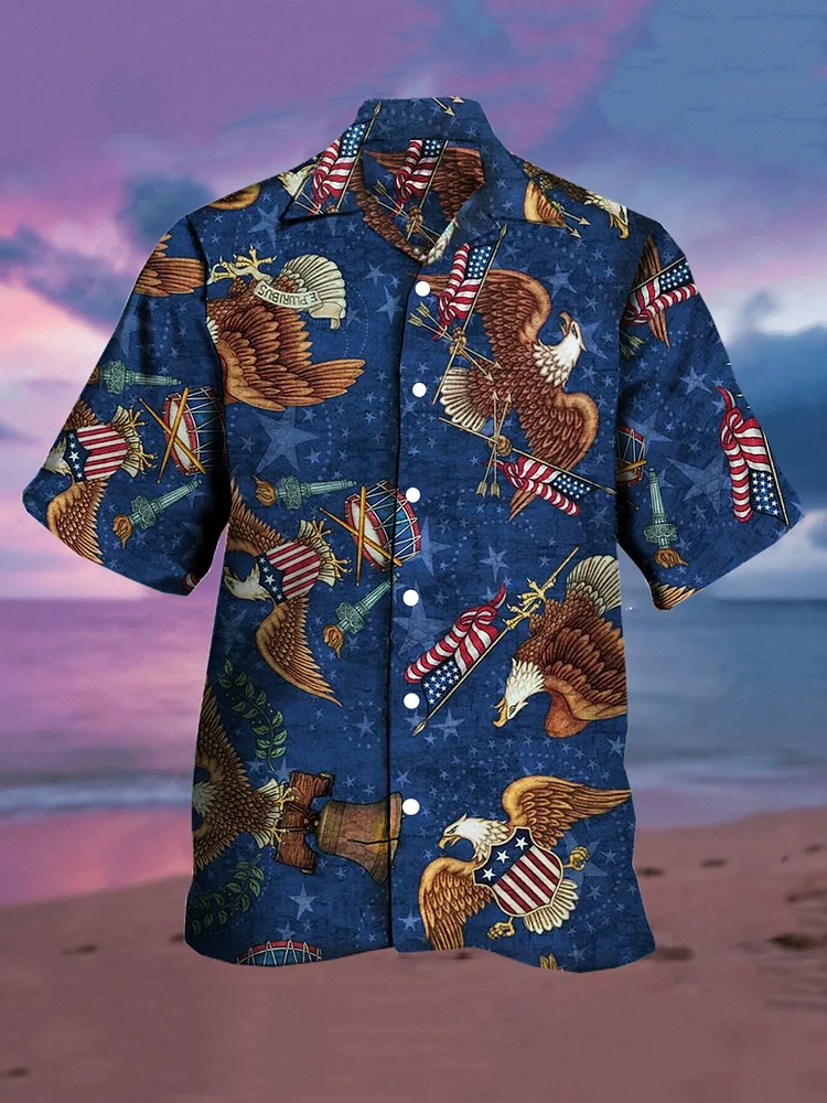 Men's Flag Print Casual Breathable Short Sleeve Hawaiian Shirt