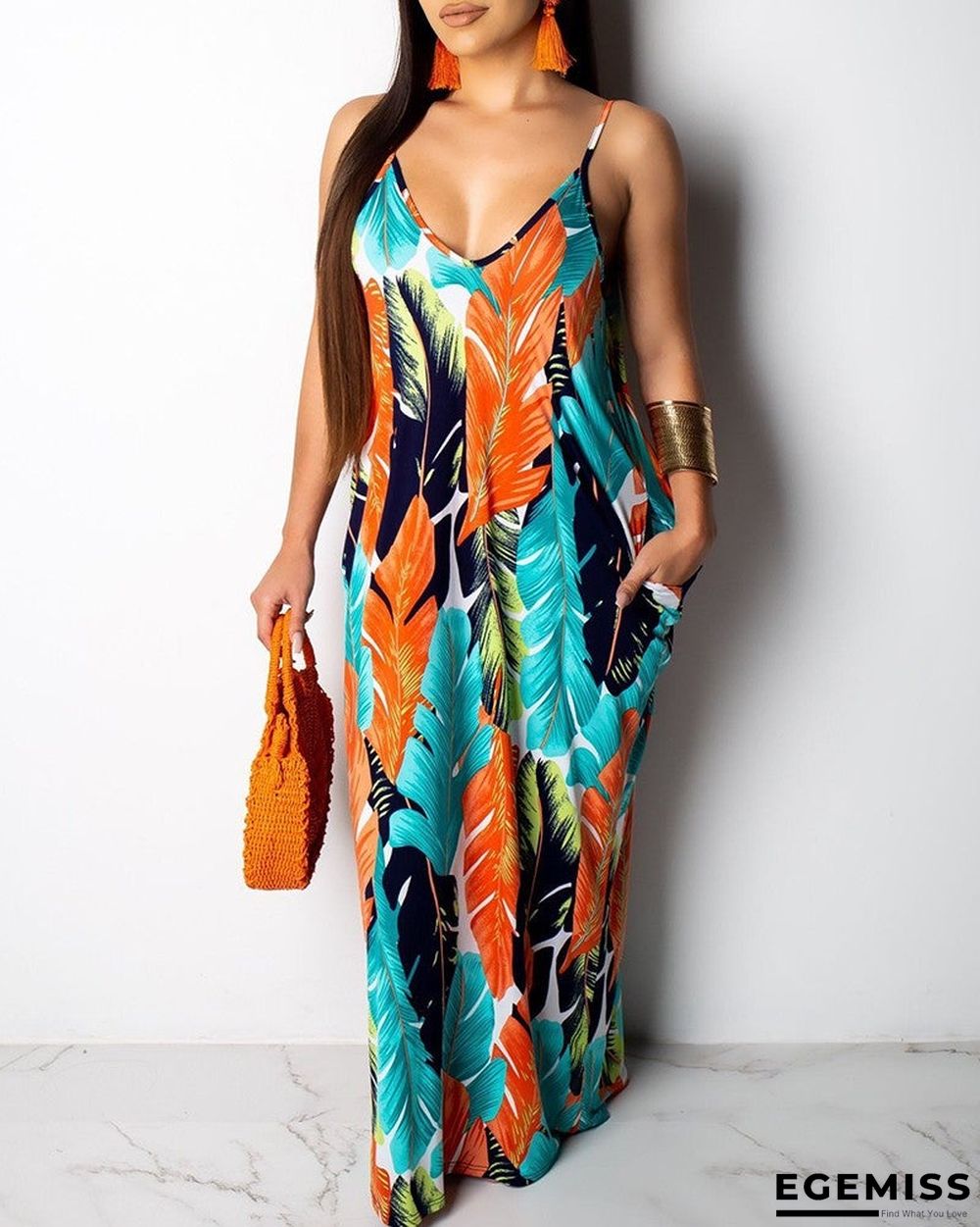 Leaf Print Pocket Design Maxi Dress | EGEMISS