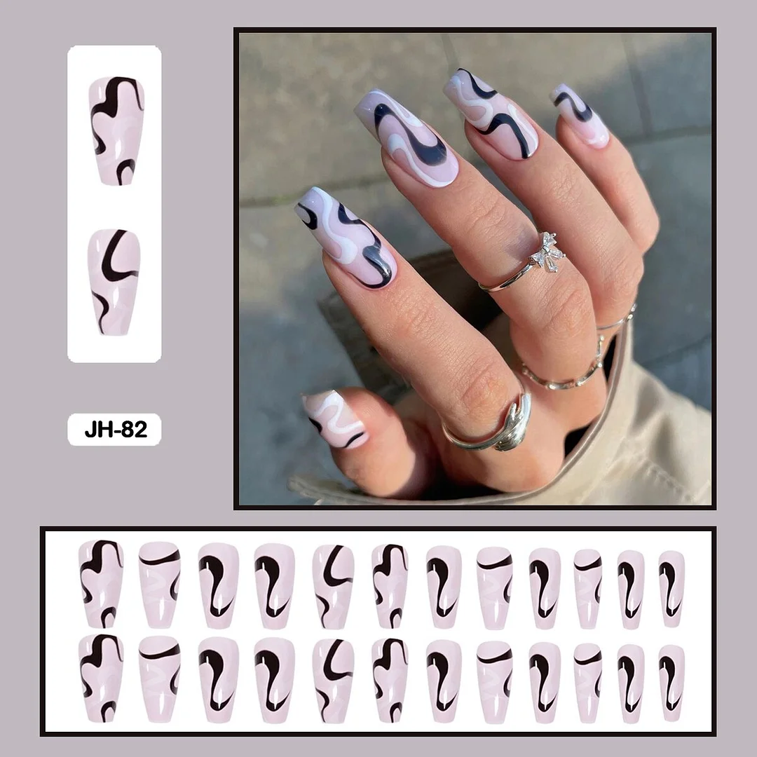 24Pcs/Set French Contracted Artistic Line Drip Shaped Short Wearable False Nails With Glue Manicure Art Tools Fake Nails-Nail Inspo