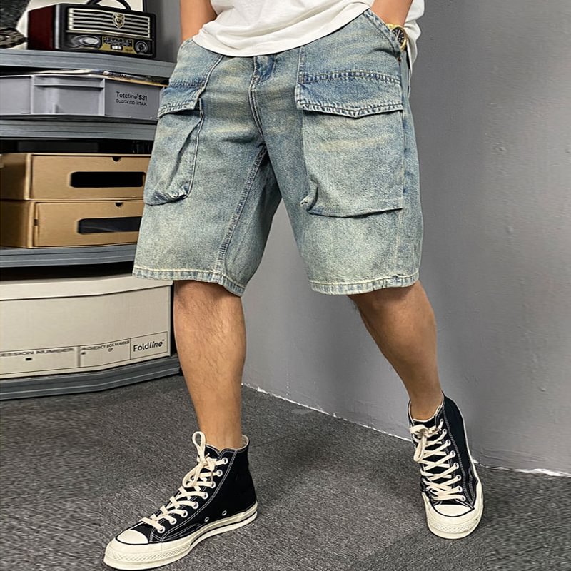 American Casual Distressed Straight Denim Cargo Shorts