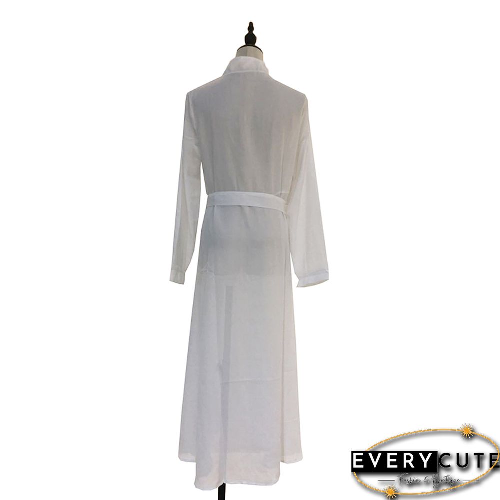 White Long Sleeve Button Down Maxi Shirt Dress