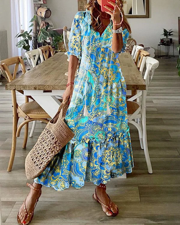 V-Neck Print Drawstring Short Sleeve Midi Dress