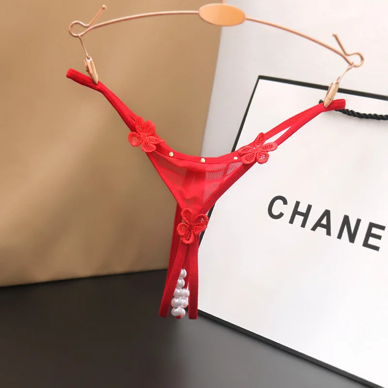 Billionm Women's Panties Sweet Underwear Open Crotch Thongs Embroidery Sexy Lingerie Erotic Beaded G-Strings Tanga g string