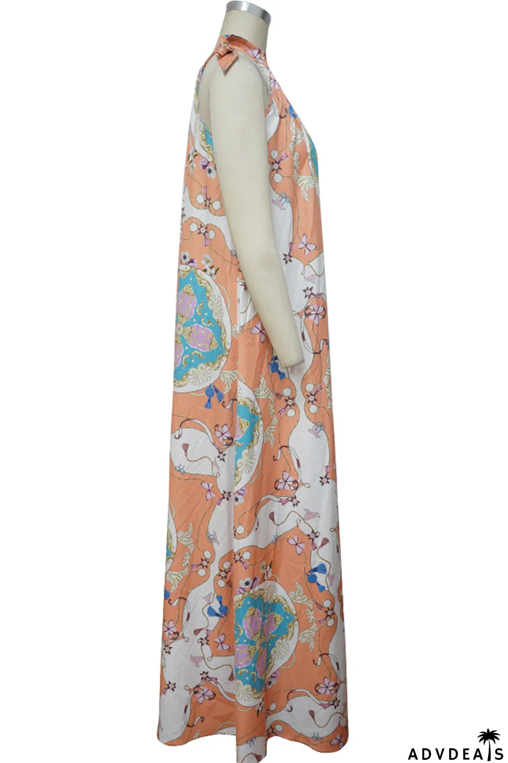 Tangerine Red Casual Print Patchwork Halter Straight Dresses