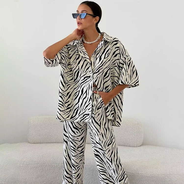 Churchf Churchf Satin Zebra Striped Suit Female 2023 Summer Short Sleeve Shirt High Waist Trousers Two-Piece Set