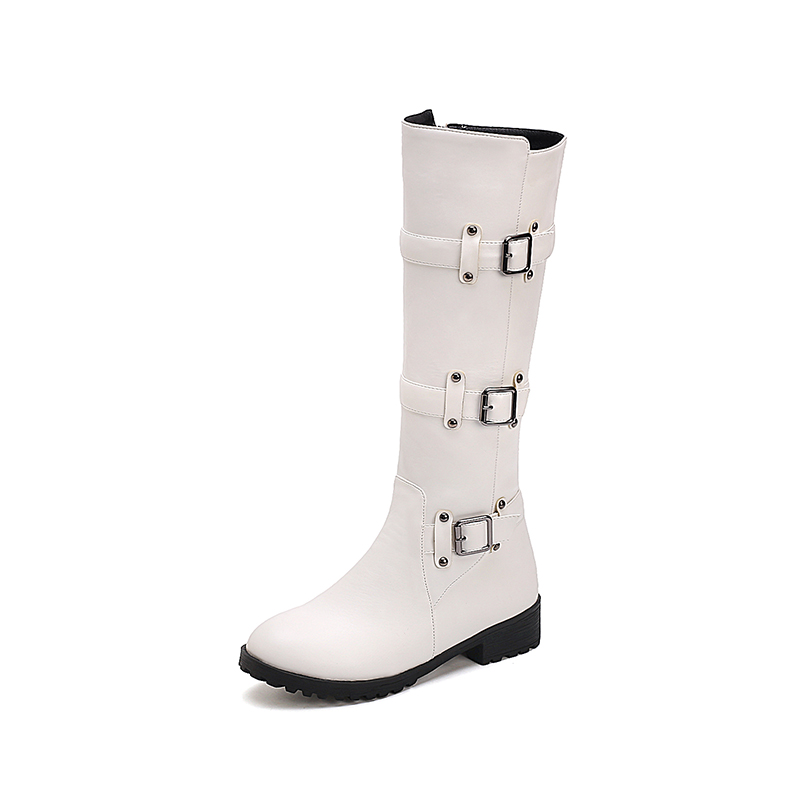 GOOSHOE Three Row Metal Belt Square Buckle Rivets Knight Boots Side Zipper Knee High Boots