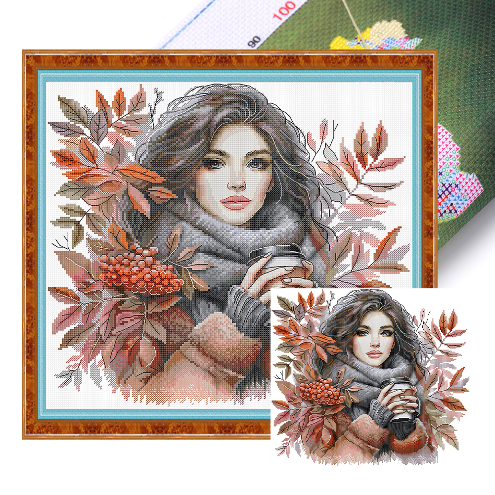 Autumn Coffee Partial 14CT Pre-stamped Canvas(41*38cm) Cross Stitch(backstitch)