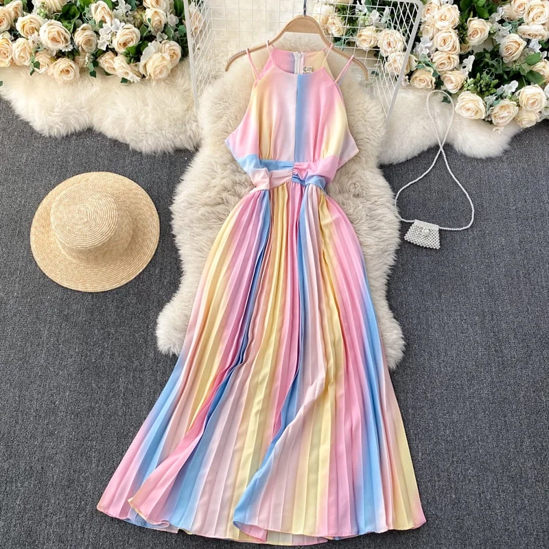 Long Dresses For Women 2021 Gradient Color Vacation Boho Beach Summer Dress Sleeveless Halter Spaghetti Strap Sexy Pleated Dress