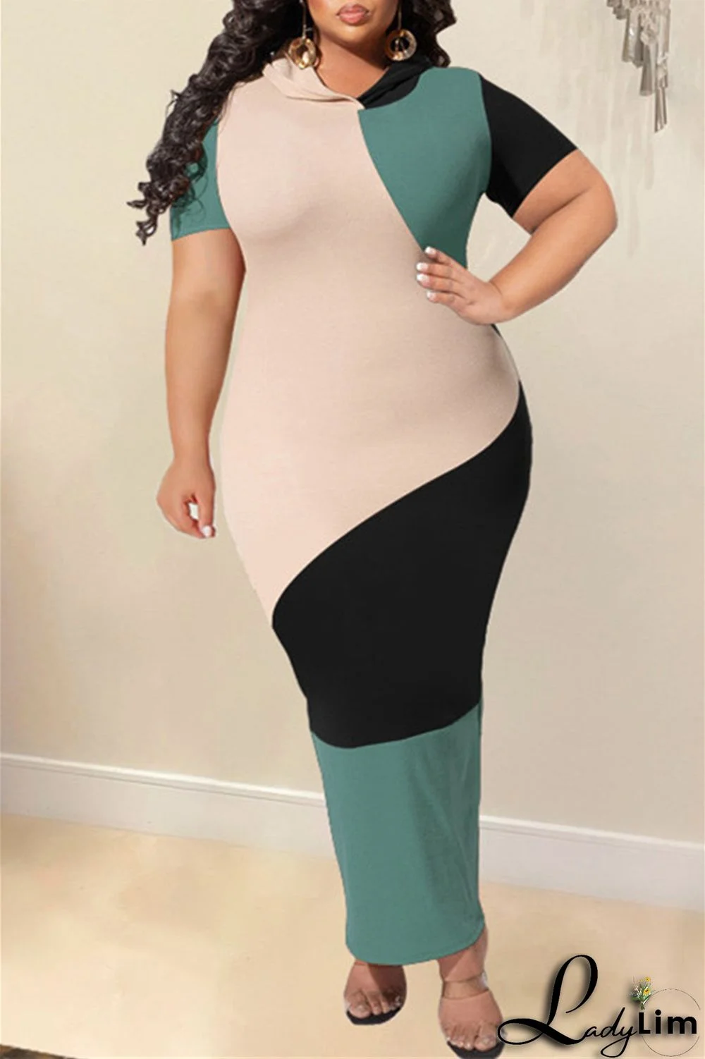 Black Fashion Casual Solid Split Joint Hooded Collar Short Sleeve Dress Plus Size Dresses