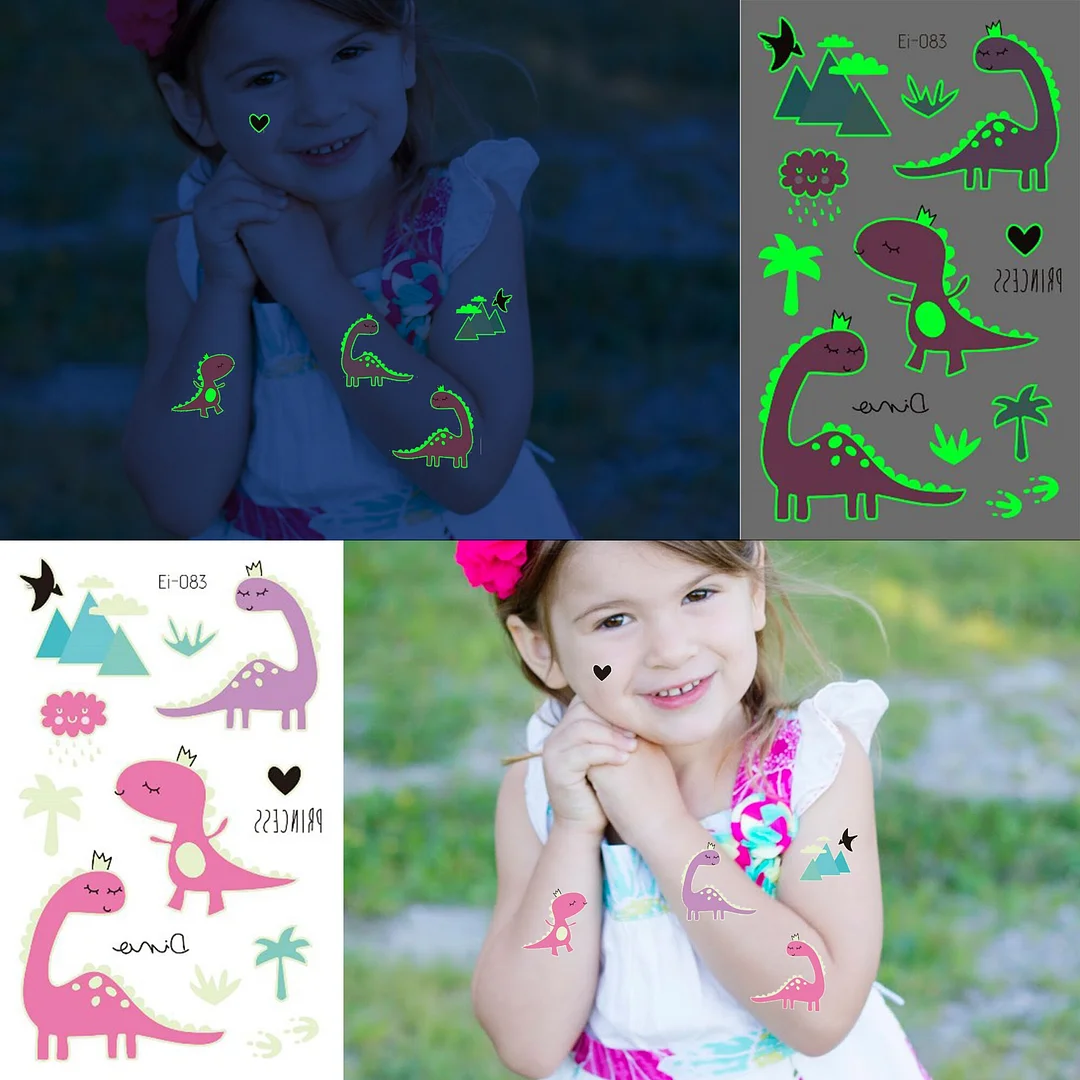 Sdrawing Glow In The Dark Temporary Tattoos For Kids Boys Kids Fake Luminous Tattoo Flash Animal Cartoon Party Favor Set Glowing Zoo
