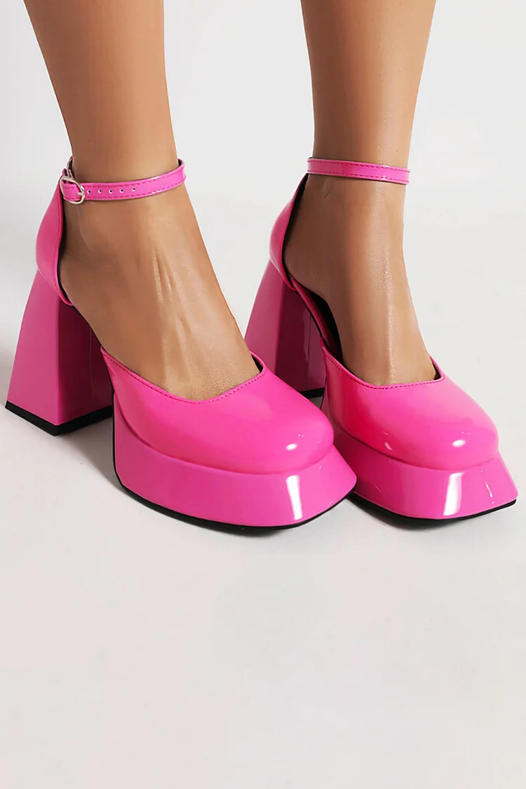 Platform Buckle Ankle Strap PU Leather Pointy Toe Chunky Heels Pumps