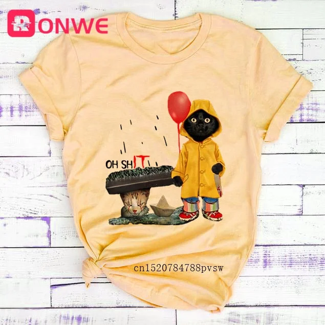 Women Funny Black Cat Print Tshirt Girl Harajuku Casual White Top Tees Female 90s Clothes,Drop Shipping