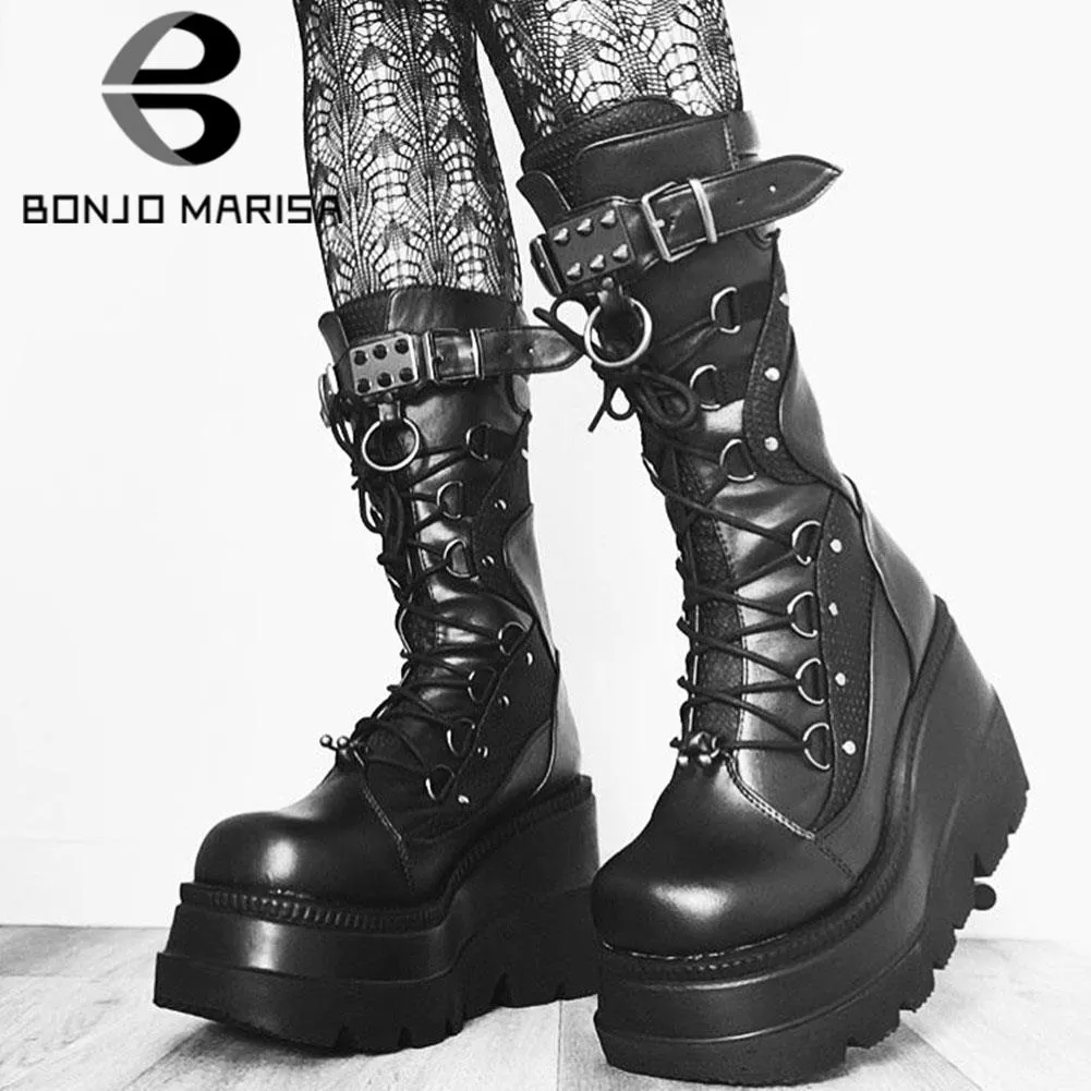 BONJOMARISA Brand Goth Platform High Wedges Buckle Zipper Women Boots Punk Cool Street Thick Heel Shoeslace Autumn Ladies Shoes