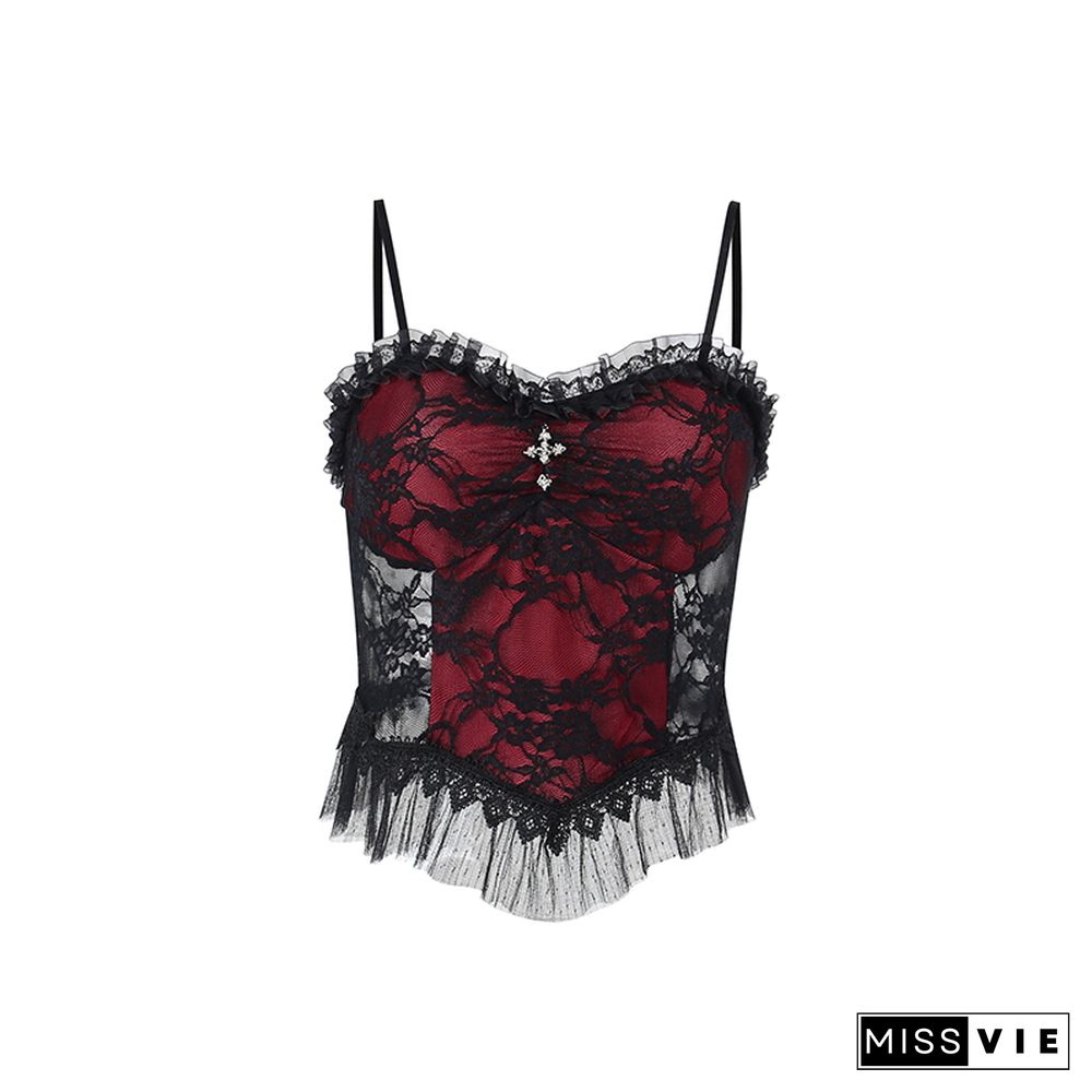 Goth Cross Print Lace Bodycon Crop Tops Camis Sexy Y2K Aesthetic Black Red Basic Corset Tank Top Summer Clothes For Women Girls