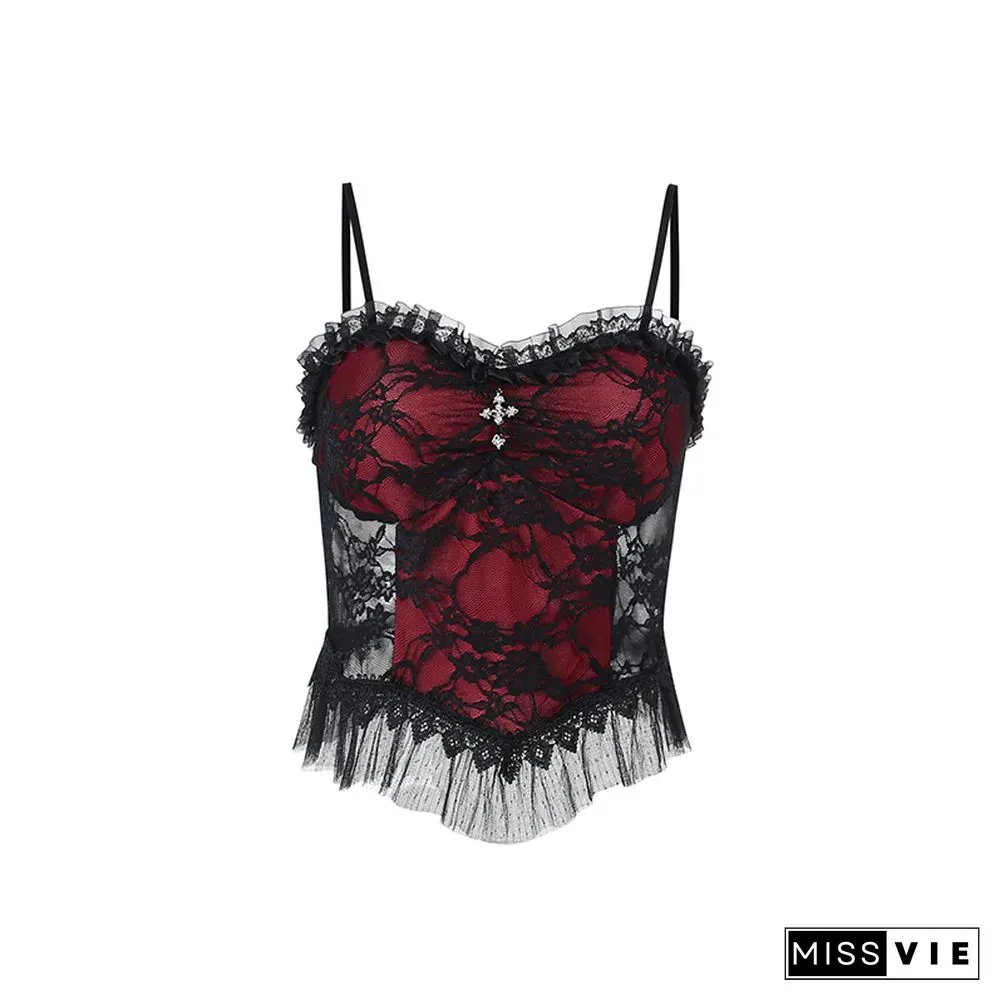 Goth Cross Print Lace Bodycon Crop Tops Camis Sexy Y2K Aesthetic Black Red Basic Corset Tank Top Summer Clothes For Women Girls