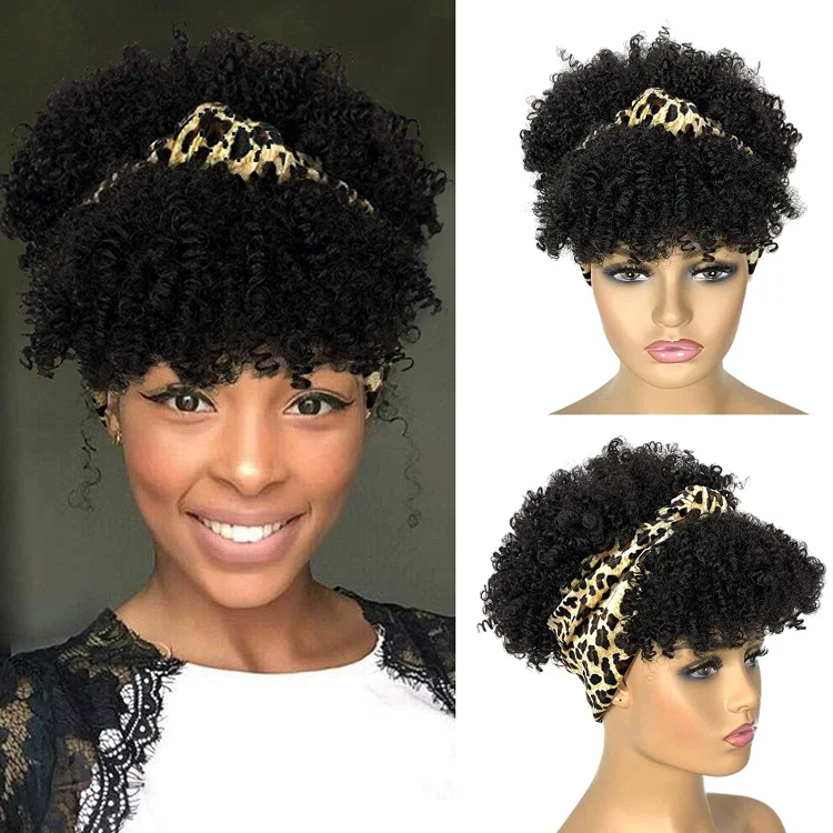 Hot Sexy Kinky Black Bang Wig with Cross Leopard Headband-elleschic