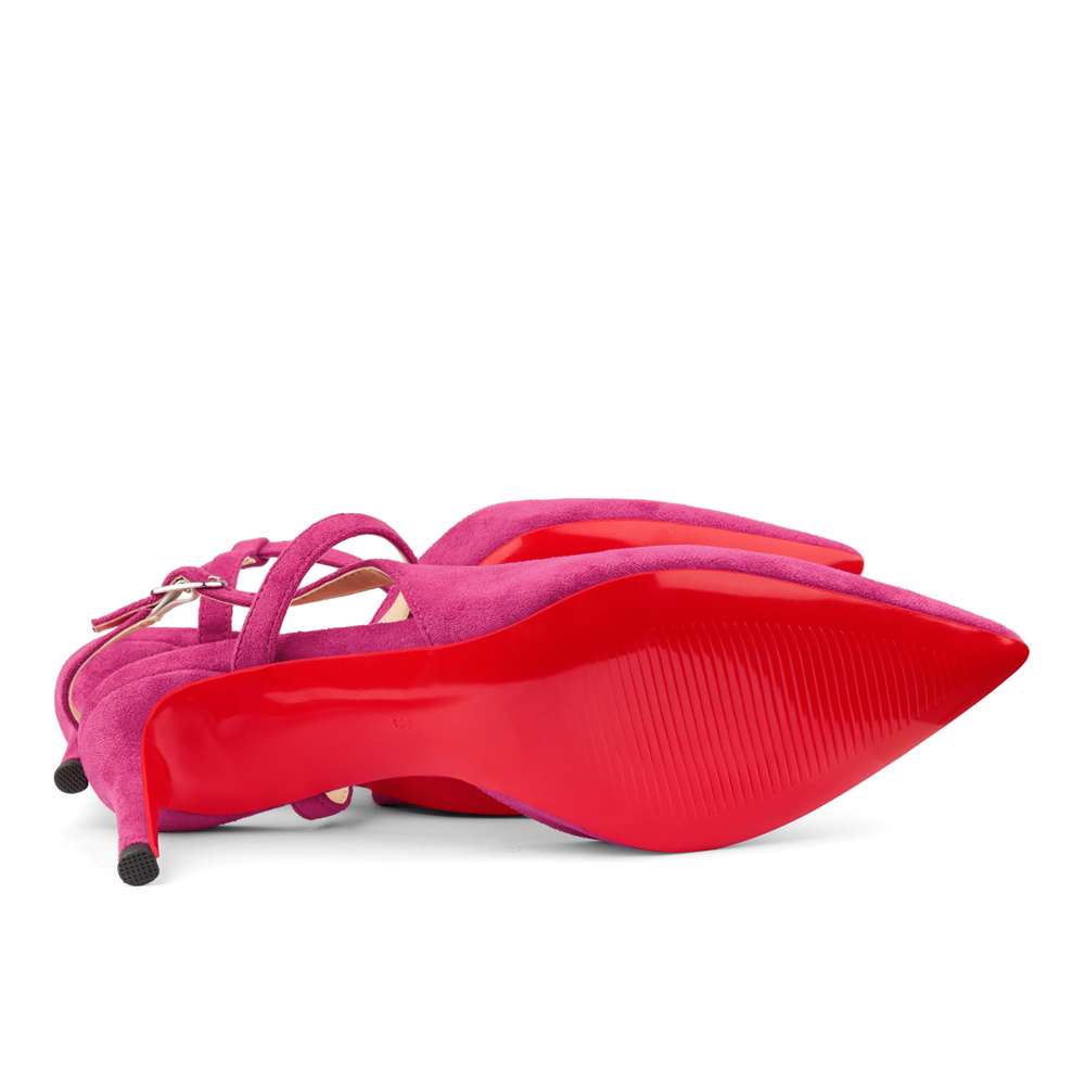 65mm Women Slingback Pumps Ankle Strap Red Bottom Stiletto Mid Heel Close Pointed Toe Daily Summer Suede Sandals-MERUMOTE