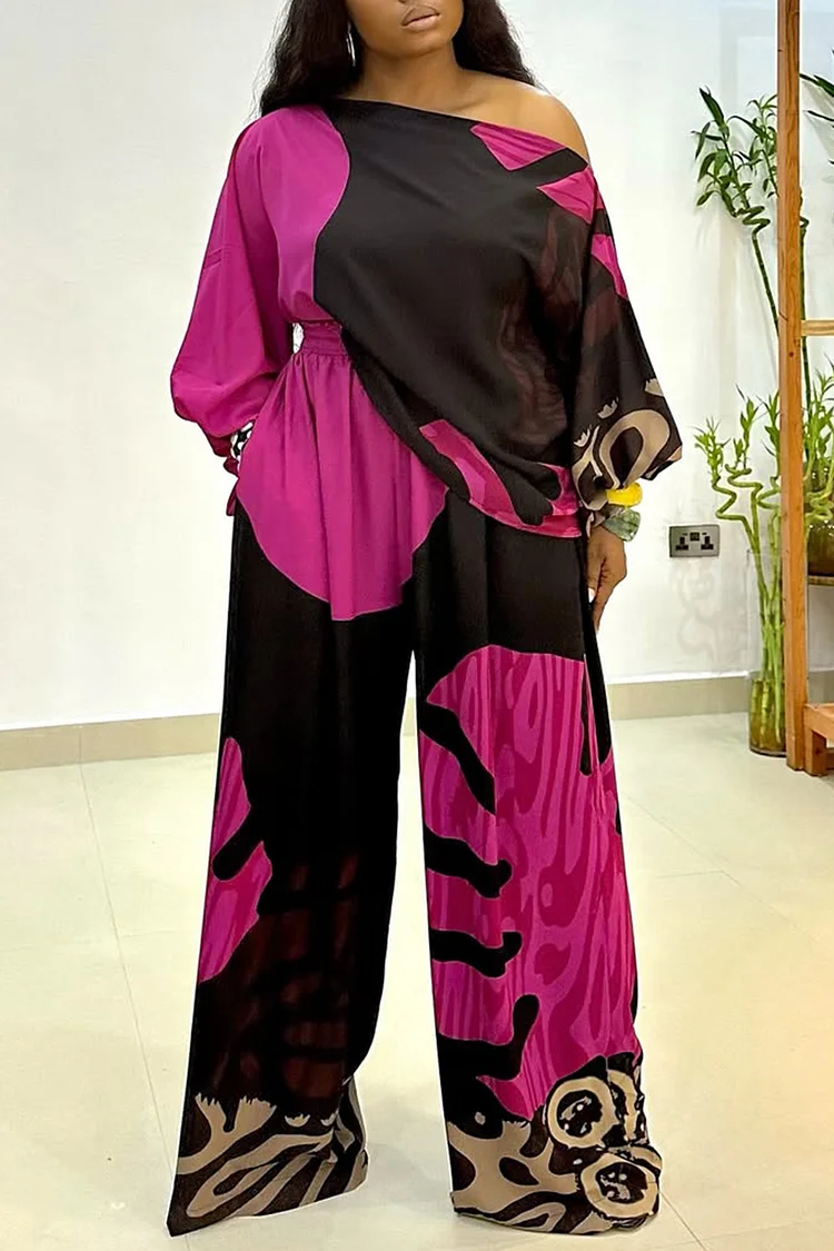 Plus Size Daily Multicolor All Over Print Oblique Collar Lantern Sleeve Long Sleeve Pocket Casual Wide Leg Two Piece Pant Sets [Pre-Order] 2024 - Xpluswear