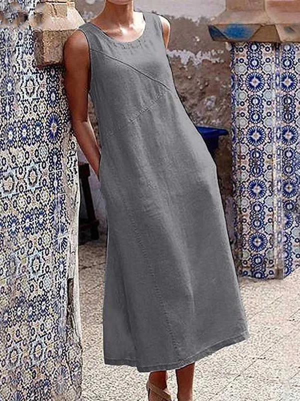 Ladies casual loose sleeveless cotton linen dress-Mayoulove