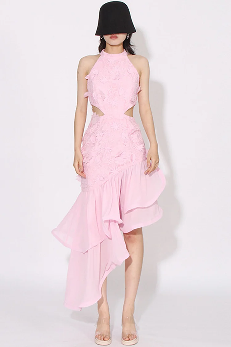 Floral Embroidery Cut Out Ruffle Asymmetrical Maxi Dress-Pink