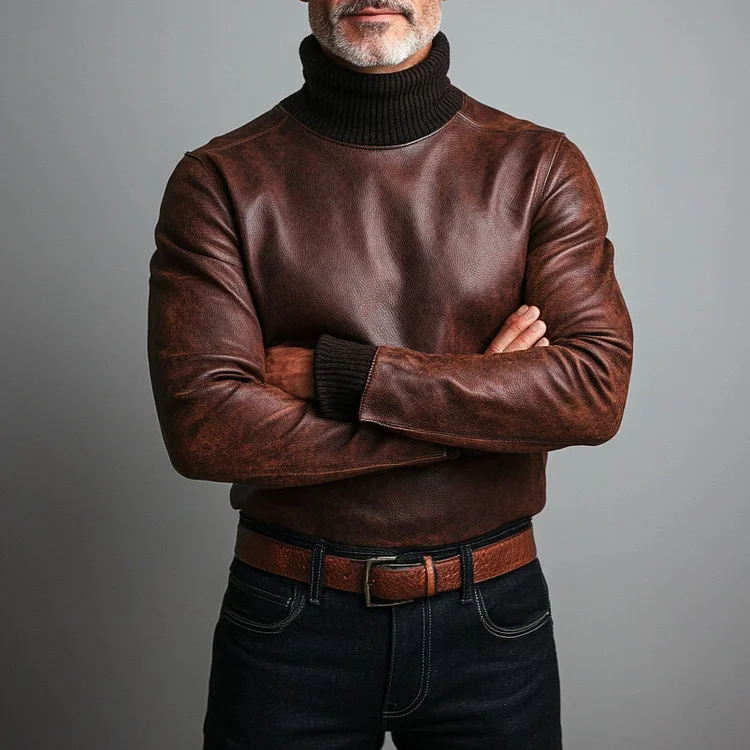 Men's Knitted Leather Simple Patchwork Sweater-inspireuse