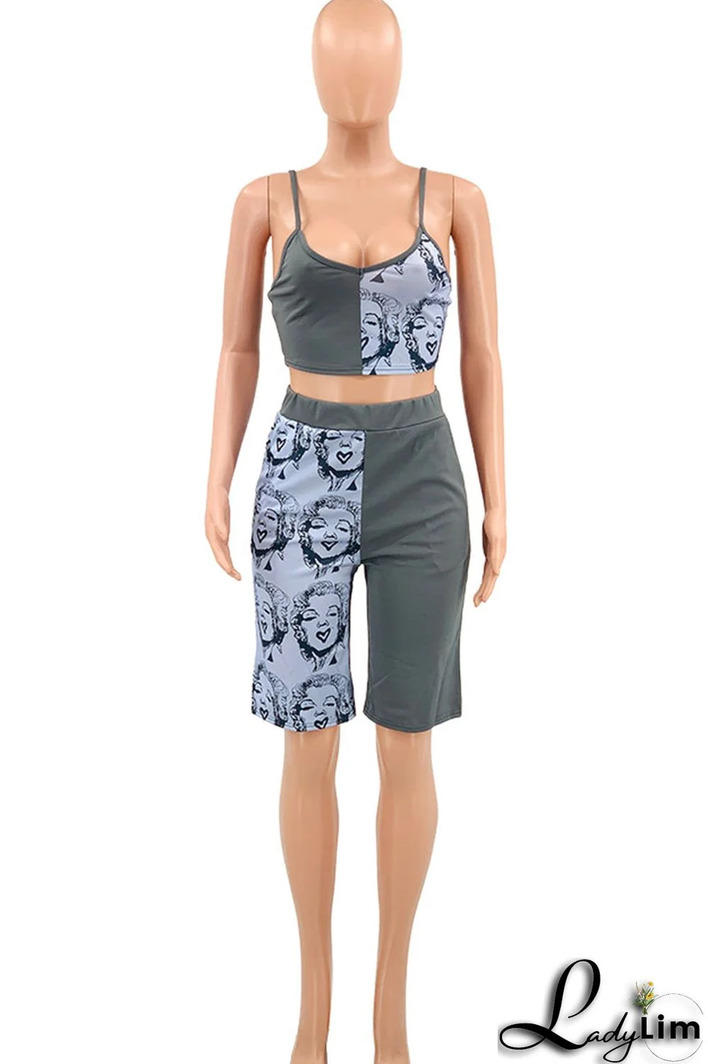 Tangerine Casual Street Print Patchwork Spaghetti Strap Sleeveless Two Pieces