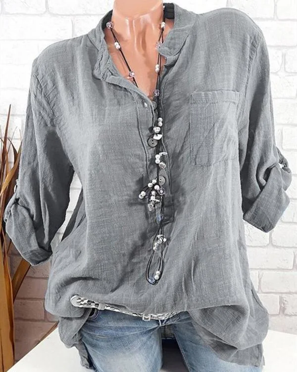 women casual solid color v neck long sleeve cotton blouses tops p105168