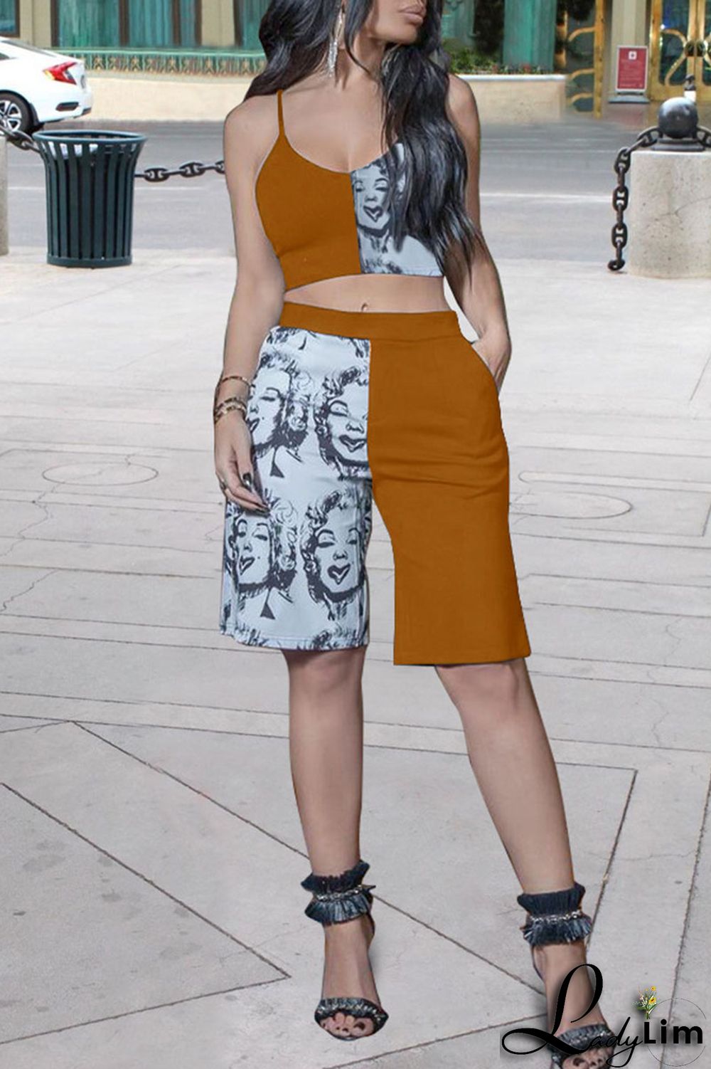 Tangerine Casual Street Print Patchwork Spaghetti Strap Sleeveless Two Pieces